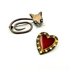 Vintage Sterling Silver Orveld Modernist Cat Brooch + Bonus Heart Pin